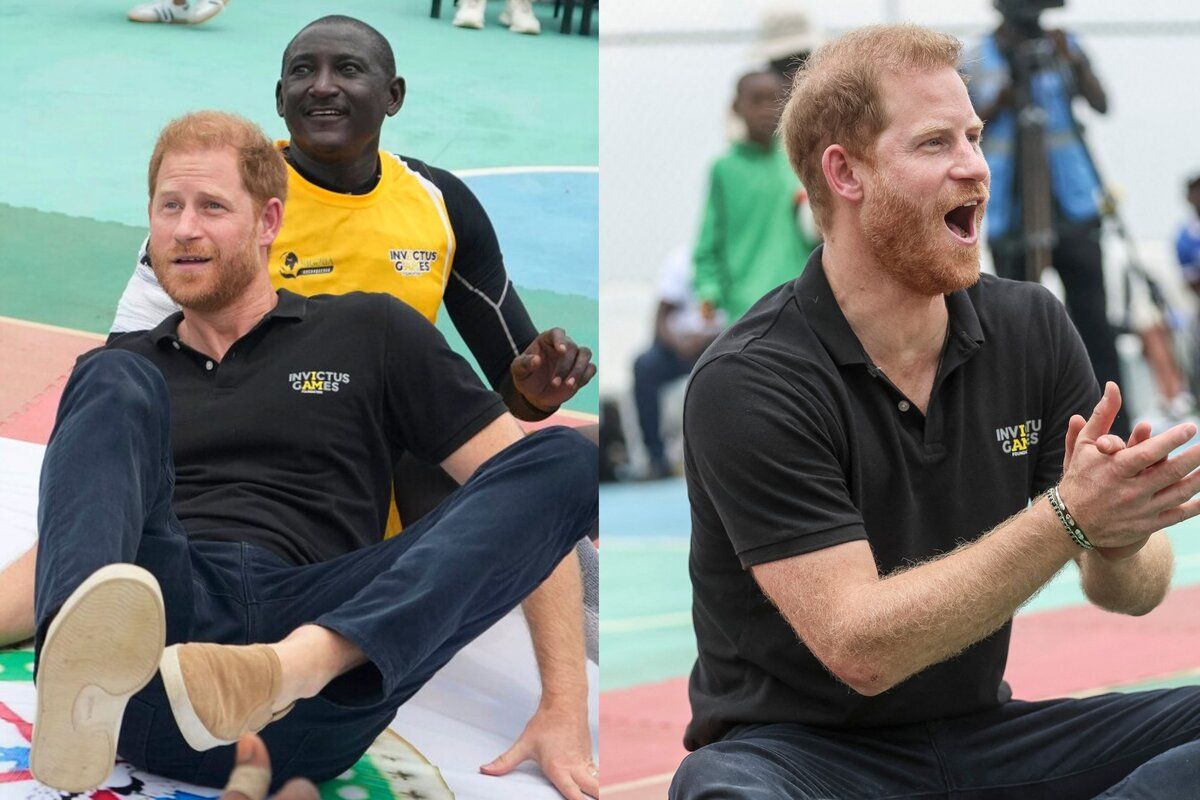 Prince Harry plays volleyball with other wounded soldiers in Nigeria