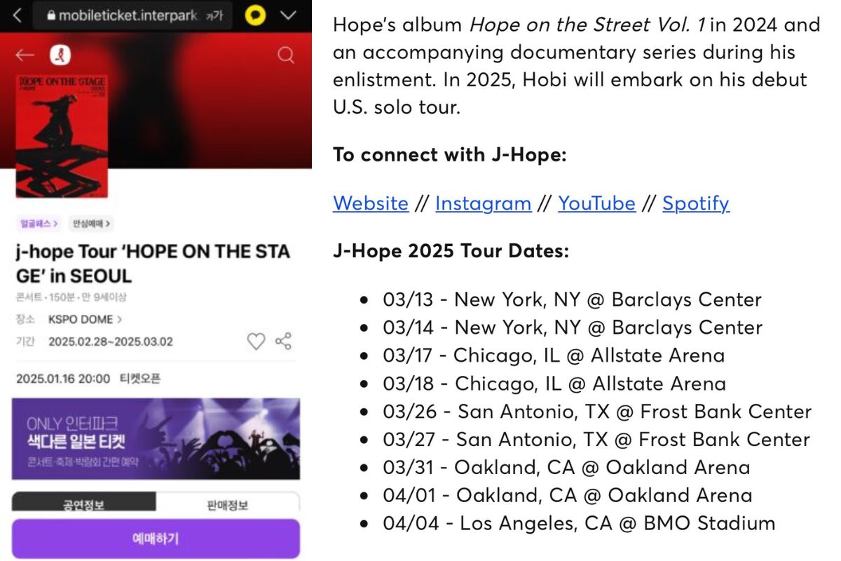 La informacion del Tour de J-Hope de BTS fue filtrada por las paginas de ventas de entradas